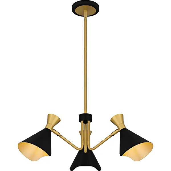 The Arden collection is a striking blend of modern design and functional versatility. The combination of matte black and gold finishes creates a visually appealing contrast, perfectly highlighting the geometric shape. The metal shades rotate in and out, but they can also be turned to face up and down to provide both ambient and task lighting options. Arden is available as a semi-flush mount, wall sconce, or chandelier.