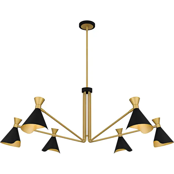 The Arden collection is a striking blend of modern design and functional versatility. The combination of matte black and gold finishes creates a visually appealing contrast, perfectly highlighting the geometric shape. The metal shades rotate in and out, but they can also be turned to face up and down to provide both ambient and task lighting options. Arden is available as a semi-flush mount, wall sconce, or chandelier.