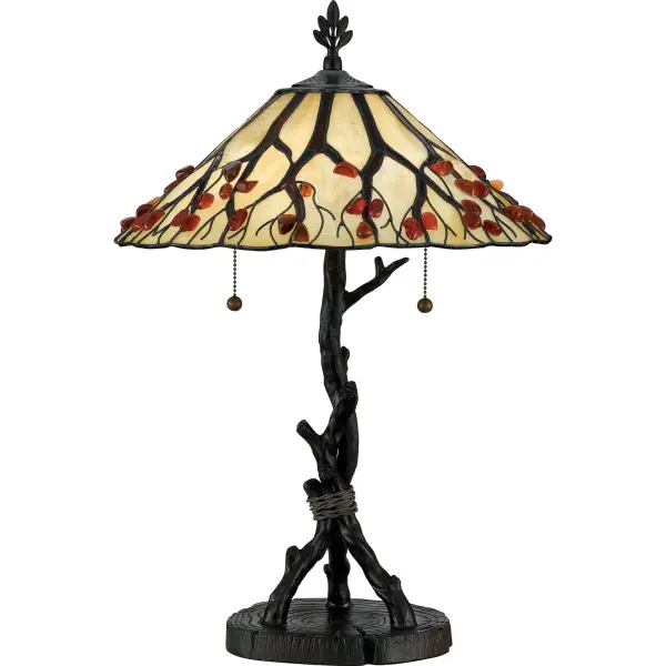 This unusual Tiffany style lamp is made of the finest creamy white art glass.  The outstretched branch design on the shade is accented with genuine Agate stones.  Each stone is hand selected for quality and size  cut in half  placed in a tumbler for 72 hours to make smooth and round  and is then hand polished to a deep sheen.  The branch motif is cleverly echoed in the base.Products that use natural materials are perfect for those seeking the aesthetics of natural variations. Due to its authenticity, the material may vary from pictured items. Glass color in Tiffany lighting products vary in color. No two pieces are identical.