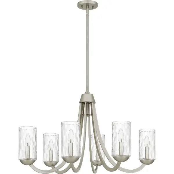 The Allard chandelier is a stunning centerpiece that commands attention. Clear water glass shades add a touch of sophistication and allow the light to shine through brilliantly. Choose from two sizes of chandelier in either matte black or brushed nickel to create a dramatic focal point in any traditional interior setting. Allard's oversized design makes it a great choice for any large dining room or living room space.