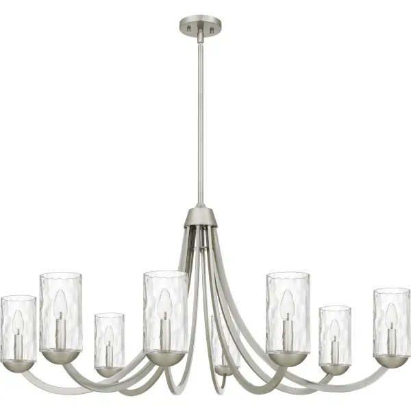 The Allard chandelier is a stunning centerpiece that commands attention. Clear water glass shades add a touch of sophistication and allow the light to shine through brilliantly. Choose from two sizes of chandelier in either matte black or brushed nickel to create a dramatic focal point in any traditional interior setting. Allard's oversized design makes it a great choice for any large dining room or living room space.