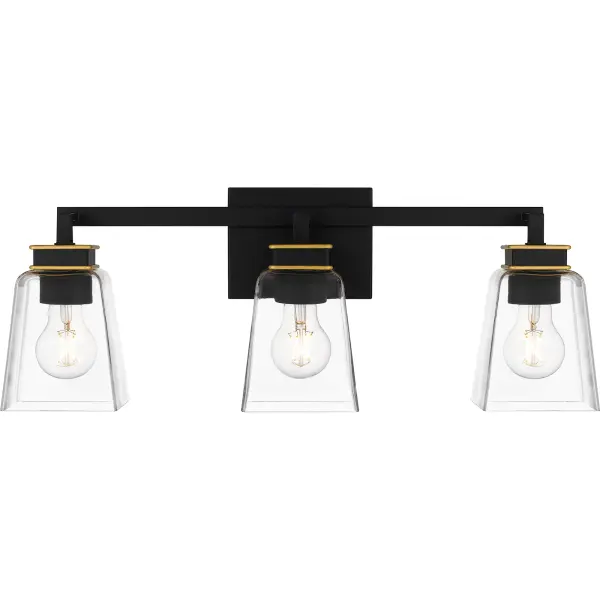 With a sleek matte black finish and gold accents, Almany bath lights make a modern statement over any vanity. The clear glass shades maximize radiance and showcase the bulbs of your choice, while aged brass accents add a touch of glam detail . This versatile vanity light can be mounted with the shades facing up or down, allowing you to easily customize to your desired bathroom setting.