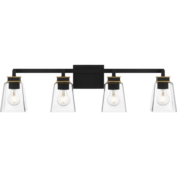 With a sleek matte black finish and gold accents, Almany bath lights make a modern statement over any vanity. The clear glass shades maximize radiance and showcase the bulbs of your choice, while aged brass accents add a touch of glam detail . This versatile vanity light can be mounted with the shades facing up or down, allowing you to easily customize to your desired bathroom setting.