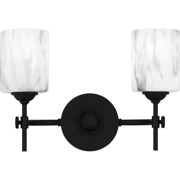 Upgrade any bathroom vanity with the addition of the Aria bath light. This sleek and striking light is available in multiple sizes and can be installed with shades facing up or down for added versatility. The weathered brass finish embodies a warm and slightly retro aesthetic, while the matte black finish features marble glass shades for a beautiful and more traditional pairing. Collection: Aria Rooms: Bathroom Finish: Matte Black Glass: Marble Glass Width: 15.00" Height: 10.00" Length: 6.00" Weight: 2.68 lb Extension from Wall: 6.00" Wire: 6" Canopy: 5.000"x5.000" Number of Bulbs: 2 Maximum Wattage: 100.00 W Bulb Type: E26 Bulb Base: Medium Voltage: 120.00 V Material: Steel Safety Listing: ETL Spec Sheet Instructions