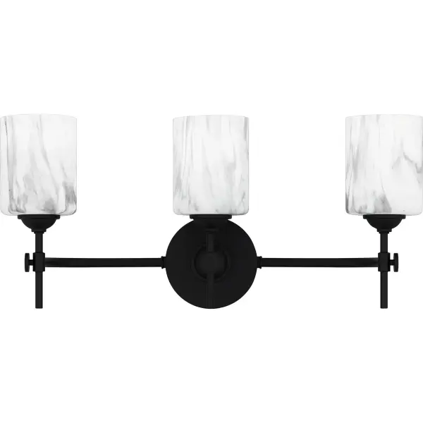 Upgrade any bathroom vanity with the addition of the Aria bath light. This sleek and striking light is available in multiple sizes and can be installed with shades facing up or down for added versatility. The weathered brass finish embodies a warm and slightly retro aesthetic, while the matte black finish features marble glass shades for a beautiful and more traditional pairing. Collection: Aria Rooms: Bathroom Finish: Matte Black Glass: Marble Glass Width: 22.50" Height: 10.00" Length: 6.00" Weight: 3.70 lb Extension from Wall: 6.00" Wire: 6" Canopy: 5.000"x5.000" Number of Bulbs: 3 Maximum Wattage: 100.00 W Bulb Type: E26 Bulb Base: Medium Voltage: 120.00 V Material: Steel Safety Listing: ETL Spec Sheet Instructions