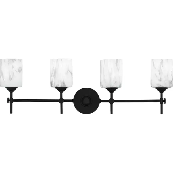 Upgrade any bathroom vanity with the addition of the Aria bath light. This sleek and striking light is available in multiple sizes and can be installed with shades facing up or down for added versatility. The weathered brass finish embodies a warm and slightly retro aesthetic, while the matte black finish features marble glass shades for a beautiful and more traditional pairing. Collection: Aria Rooms: Bathroom Finish: Matte Black Glass: Marble Glass Width: 31.25" Height: 10.00" Length: 6.00" Weight: 4.85 lb Extension from Wall: 6.00" Wire: 6" Canopy: 5.000"x5.000" Number of Bulbs: 4 Maximum Wattage: 100.00 W Bulb Type: E26 Bulb Base: Medium Voltage: 120.00 V Material: Steel Safety Listing: ETL Spec Sheet Instructions