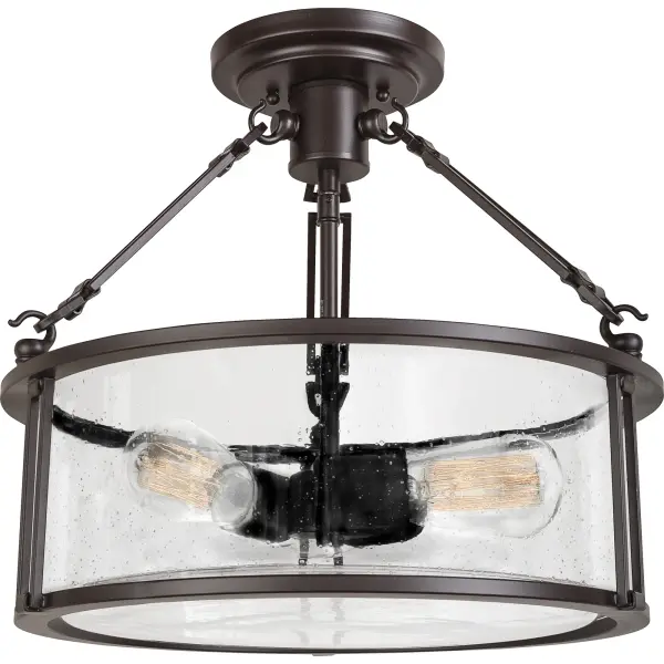 The Buchanan Collection evokes a sense of strength and style.  The Western Bronze finish is a rich matte and the arms are comprised of long, rectangular links holding the piece together.  The clear seedy glass adds a touch of elegance to the simplistic framework.