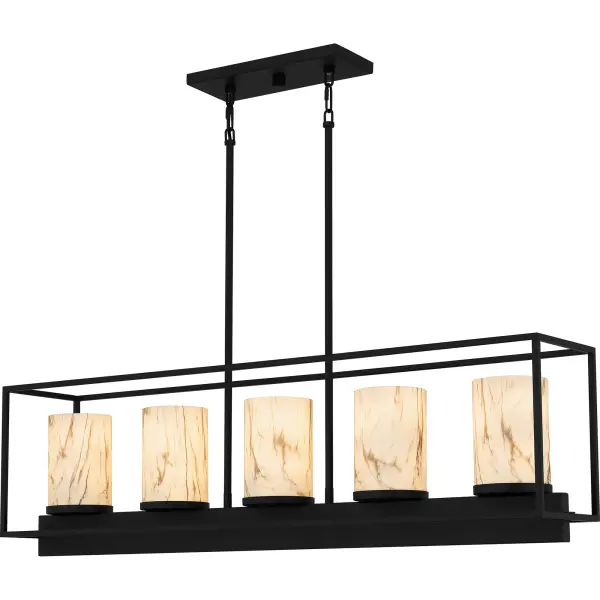 The Bentley linear chandelier makes a perfect statement over your kitchen island or dining room table. The simple matte black frame is accentuated by marble glass shades, adding a hint of glamour and contrast to the sleek design. With its versatile styling, the Bentley island light is a great addition to any transitional or minimalist style interior.