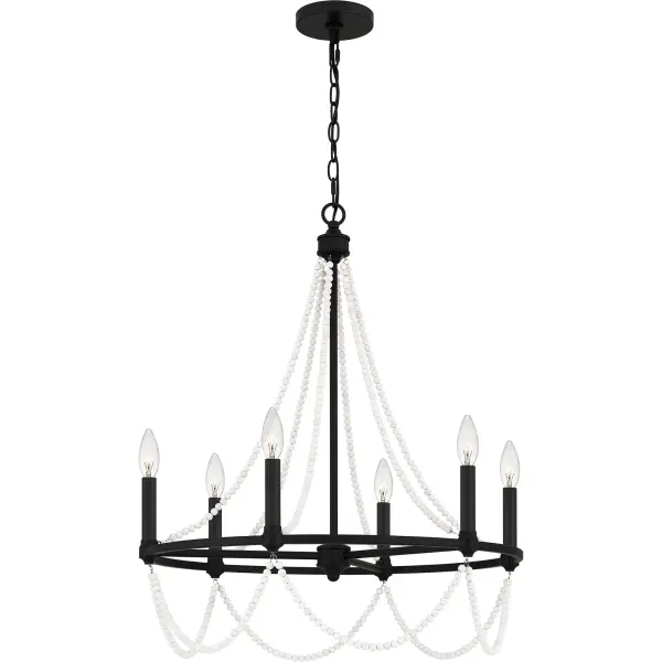 Part of the Quoizel Naturals series, the Brigitta chandelier exemplifies modern bohemian style with draped wooden beadwork throughout. The finish is up to you: keep it light and airy with a brushed nickel finish, or create a moodier vibe in matte black. Two sizes allow for a tailor-made fit ideal for a romantic dining space or kitchen.