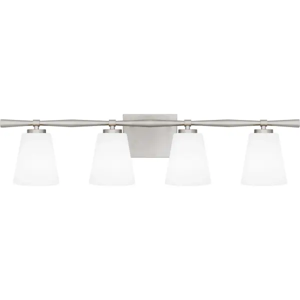 With geometric lines and a slim silhouette, Brindley bath lights draw inspiration from mid-century design. Opal etched glass shades soften the light, creating a warm spa-like glow. Brindley is available in multiple size options and your choice of brushed nickel or aged brass - choose the finish that best suits your distinctive style. Collection: Brindley Rooms: Bathroom Finish: Brushed Nickel Glass: Opal Etched Glass Width: 31.25" Height: 7.25" Length: 5.75" Weight: 4.95 lb Extension from Wall: 5.75" Wire: 6" Canopy: 6.000"x4.750" Number of Bulbs: 4 Maximum Wattage: 100.00 W Bulb Type: A19 Bulb Base: Medium Dimmable Voltage: 120.00 V Material: Steel Safety Listing: ETL Spec Sheet Instructions