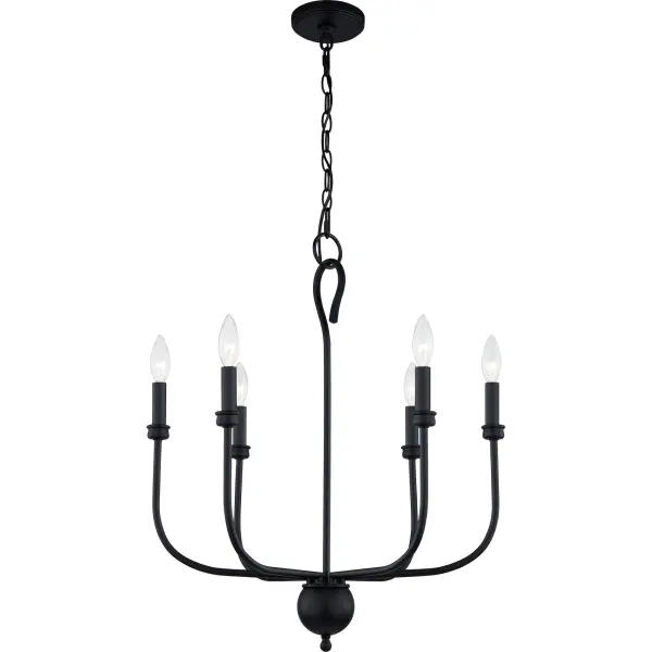 Though you can choose from a clear hammered glass shade, beige fabric shade, classic chandelier, or an airy, open-frame pendant, Blanche features a unifying style via its simple lines and traditional matte black finish. The different shapes, from flush mount to chandelier, also work well together throughout a variety of spaces.