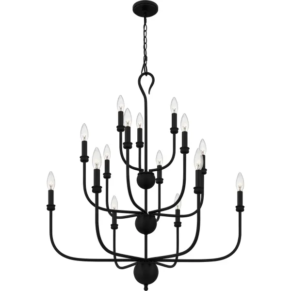 Though you can choose from a clear hammered glass shade, beige fabric shade, classic chandelier, or an airy, open-frame pendant, Blanche features a unifying style via its simple lines and traditional matte black finish. The different shapes — from flush mount to chandelier — also work well together throughout a variety of spaces.