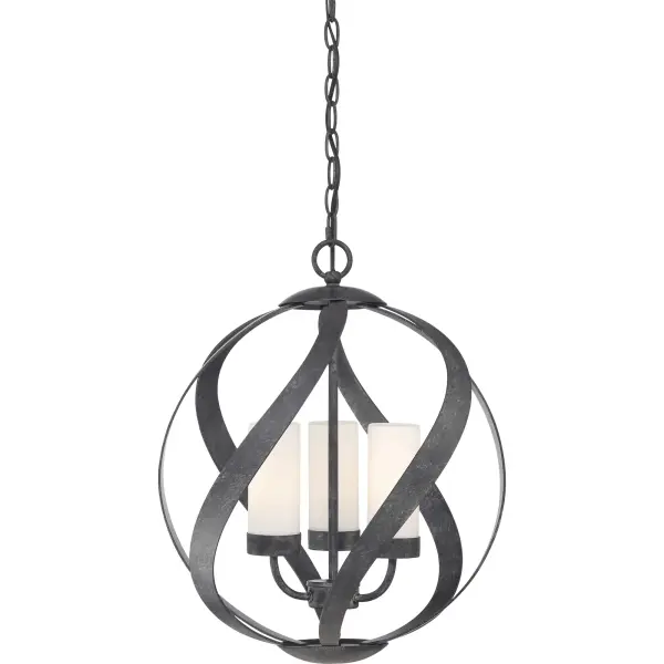 A spiral sensation, the Blacksmith's bold ironwork moves in soft curves along an orb-shaped silhouette. The old black finish includes accents of charcoal and dark silver for a sultry, smoke-like effect. The candles are fitted with cylindrical shades in frosted glass that soften the light of this stunning collection.