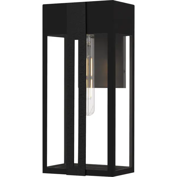 The Boswell outdoor wall lantern adds a touch of transitional style to your home's exterior. It features a sleek, elongated frame with a matte black finish. A unique feature is the heavily textured black accent piece that resembles stone, adding visual interest and dimension to the design.  The clear tempered glass provides both simplicity and functionality, allowing the light to shine through while protecting the bulb from the elements.  This weather-resistant lantern is a great way to illuminate your front porch, patio, or entryway in style.