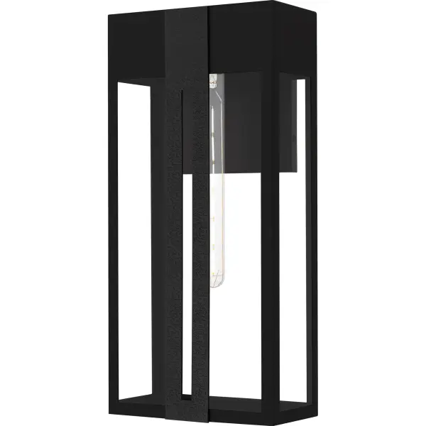 The Boswell outdoor wall lantern adds a touch of transitional style to your home's exterior. It features a sleek, elongated frame with a matte black finish. A unique feature is the heavily textured black accent piece that resembles stone, adding visual interest and dimension to the design.  The clear tempered glass provides both simplicity and functionality, allowing the light to shine through while protecting the bulb from the elements.  This weather-resistant lantern is a great way to illuminate your front porch, patio, or entryway in style.