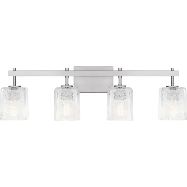 The Brenthouse bath light features a clean, minimalist design with a striking visual impact. Square glass shades cast a soft, diffused glow while adding a touch of texture to the simple silhouette. The thick glass shades feature tiny crystals on the inside, creating a look reminiscent of sparkling sand. The vanity light's slender metal frame, available in a versatile matte black or brushed nickel finish, complements a variety of bathroom styles.