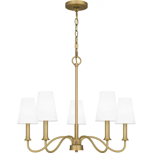 The Beatty chandelier offers an updated approach to classic candelabra design. Slender, sweeping arms are enhanced by elongated white parchment shades, giving subtle contrast to the aged brass finish. The sleek, sculptural silhouette transforms a kitchen, bedroom, home office, or dining room space.