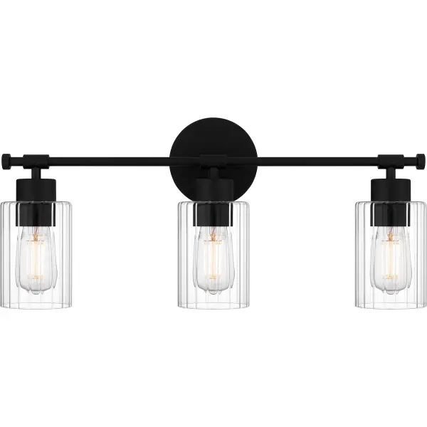 Clear ribbed glass shades create a sense of tranquility in the Caputo bath light collection. This versatile, modern industrial style design is accentuated by clean lines and finished in matte black for timeless appeal. Configure Caputo with shades facing up or down depending on your vanity lighting needs.