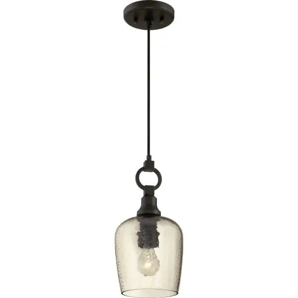 The Kendrick pendant is old world elegance with hints of farmhouse style.  The base is classic with a contemporary o-ring at the top.  The amber glass is hammered adding uniqueness and charm to this beautiful transitional pendant. Select from a variety of configurations and adjust the cable to your desired height.Note: The decorative loop and glass holder are finished in Western Bronze, which is complementary in tone to the black cord and canopy.