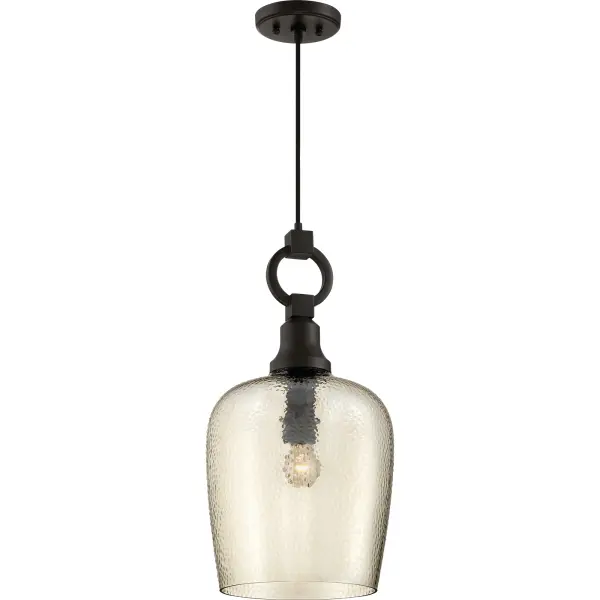 The Kendrick pendant is old world elegance with hints of farmhouse style.  The base is classic with a contemporary o-ring at the top.  The amber glass is hammered adding uniqueness and charm to this beautiful transitional pendant. Select from a variety of configurations and adjust the cable to your desired height.Note: The decorative loop and glass holder are finished in Western Bronze, which is complementary in tone to the black cord and canopy.