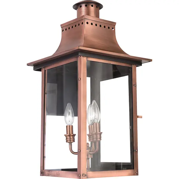 From the Charleston Copper Lantern Collection  this piece gives you the historic look of gas lighting  but without the hassle of a propane feed.  It is all electric  solid copper and hand riveted  giving your home the romantic  reproduction style of antique gas lights still popular today on many of the charming homes in New Orleans and Charleston.