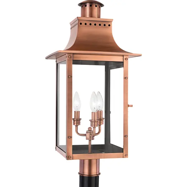 From the Charleston Copper Lantern Collection  this piece gives you the historic look of gas lighting  but without the hassle of a propane feed.  It is all electric  solid copper and hand riveted  giving your home the romantic  reproduction style of antique gas lights still popular today on many of the charming homes in New Orleans and Charleston.