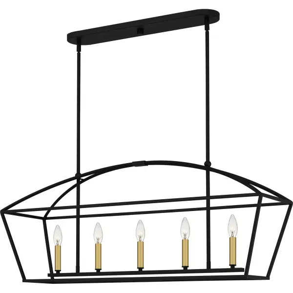 Matte black sets the tone for simple yet radiant style in the Concho Bay light, available as a semi-flush mount or pendant. Brass-tone candle covers infuse warmth and contrast in this modern design or create a monochromatic look with black candle covers instead. Open framework ensures the effect is playfully geometric, never heavy.
