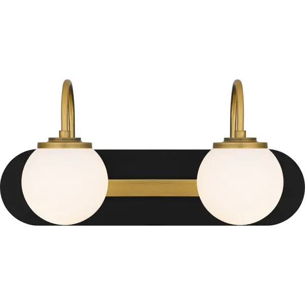 Matte black and brushed gold accents make a beautiful, modern pairing in Desmond. Opal etched glass globes complement the bold bath light design, delivering the perfect amount of illumination. Desmond is available in a variety of sizes, allowing you to easily customize to your desired vanity setting.