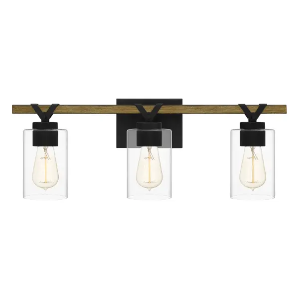 The Devon Court bath light is the perfect companion to industrial or farmhouse-inspired design schemes. This light, which can be configured facing up or down, pairs a matte black finish with a rustic wood accent. Clear glass cups — available in one-, two-, three- or four-light configurations — finish the look.