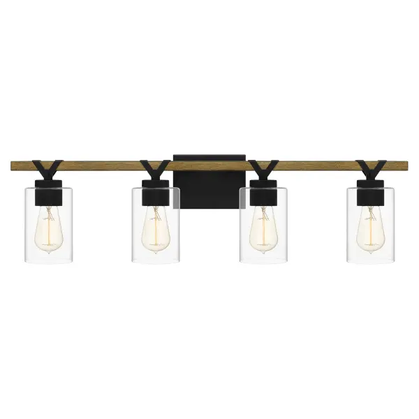 The Devon Court bath light is the perfect companion to industrial or farmhouse-inspired design schemes. This light, which can be configured facing up or down, pairs a matte black finish with a rustic wood accent. Clear glass cups — available in one-, two-, three- or four-light configurations — finish the look.