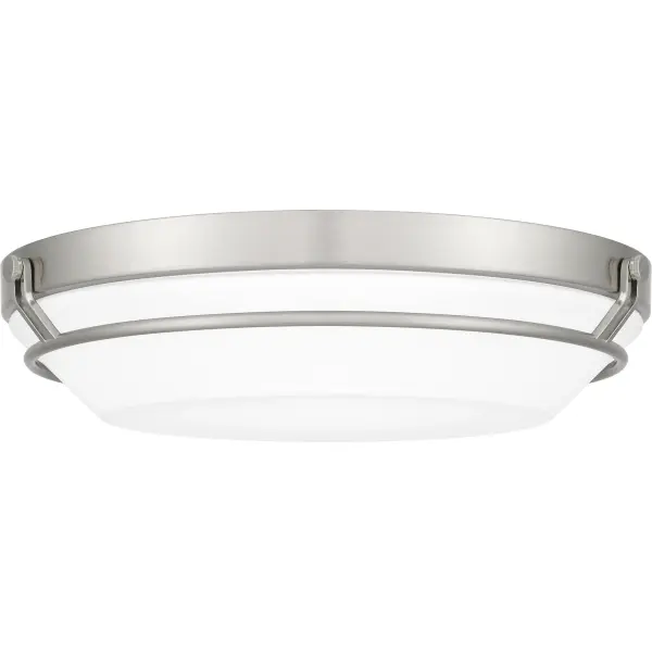 Simple and striking, the Dunbar flush mount offers a contemporary lighting solution in a variety of interior settings. The white acrylic shade is accentuated by clean metal lines, in either brushed nickel or matte black. An integrated LED light source is included for beautiful, energy-efficient illumination.