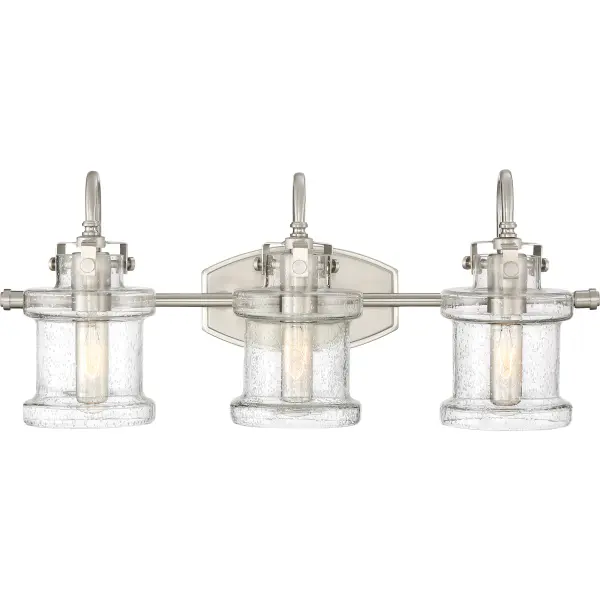 Traditional in design yet transitional in execution, the Danbury collection features globes in seedy glass with a unique jar-like silhouette. The decoratively capped center rod supports gooseneck arms that secure the vintage-inspired globes with exposed latches. The versatility of the collection is further defined by its lustrous Polished Chrome, Brushed Nickel, or Earth Black finish.
