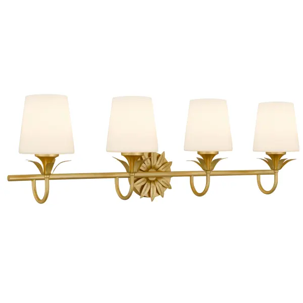 Elegant and enchanting, the Dorothea light is a radiant ode to classic beauty. Whether styled as a wall sconce or a vanity light, its design captivates with a graceful gold leaf finish and soft, sculptural detailing reminiscent of blooming petals. The opal etched glass shades diffuse light with a gentle glow—like morning sunlight filtering through fine linen. Available in multiple sizes, Dorothea brings a romantic warmth and timeless sophistication to any space, illuminating your home with poise and charm.