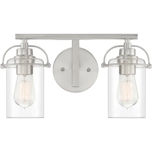The Emerson's transitional silhouette charms with unique harness-style brackets and simple clear glass shades. Finished in a classic brushed nickel, this collection is sure to complement any décor.