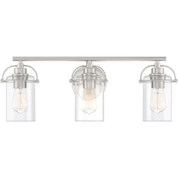 The Emerson's transitional silhouette charms with unique harness-style brackets and simple clear glass shades. Finished in a classic brushed nickel, this collection is sure to complement any décor.