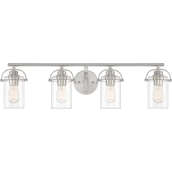 The Emerson's transitional silhouette charms with unique harness-style brackets and simple clear glass shades. Finished in a classic brushed nickel, this collection is sure to complement any décor.