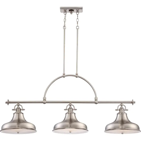 This metal shaded fixture is an elegant nod to the past.  The classic Americana styling adds a nostalgic flair to your home.  When hung over a kitchen island or dinette table it provides ample lighting for all your daily tasks.  It is available in four fabulous finishes, brushed nickel, imperial silver, palladian bronze and distressed nickel.