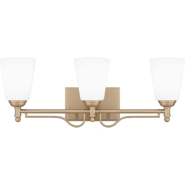 Opal etched glass shades cast a soft glow in the Esther bath light collection. The classic silhouette is finished in bronze gold and can be installed with shades facing up or down depending on your lighting needs. Whichever size option you choose for your vanity, Cecilia is designed to easily coordinate with a variety of traditional home decor styles.