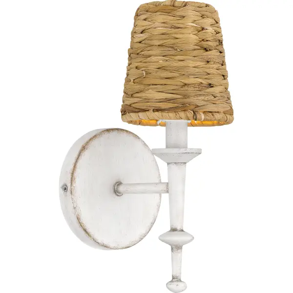 Part of the Quoizel Naturals collection, Flannery exemplifies modern bohemian style. The antique white finish is adorned with natural seagrass shades, adding a touch of coastal style to the soft silhouette. Choose the five-light chandelier, perfect over a kitchen table or in a breakfast nook - or add easy style to any hallway or bathroom with the Flannery wall sconce.