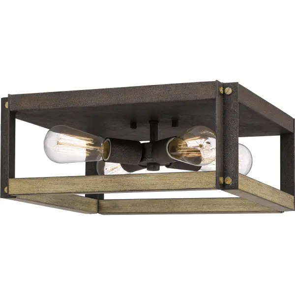 The open, airy design of the Finn collection easily complements many home décor styles. The rectangular silhouette is finished in Rustic Black and paired with a painted Natural Walnut finish to create a handsome farmhouse style fixture. The exposed bulbs allow for maximum light flow to illuminate any room.