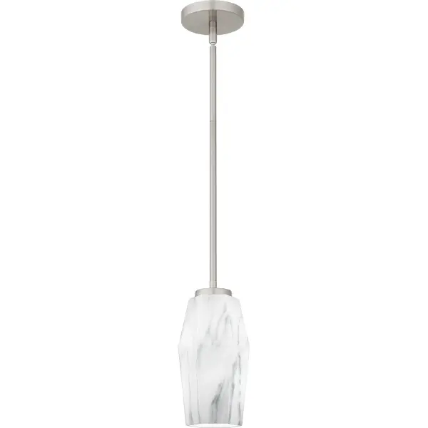 With minimalist details and marble glass, Fogel mini pendant lights are the perfect complement to a variety of modern style spaces. The white marble glass shade highlights the simple geometric shape, adding a hint of sophistication. Available in brushed nickel or matte black, Fogel pendants make a statement over any kitchen or bar area.
