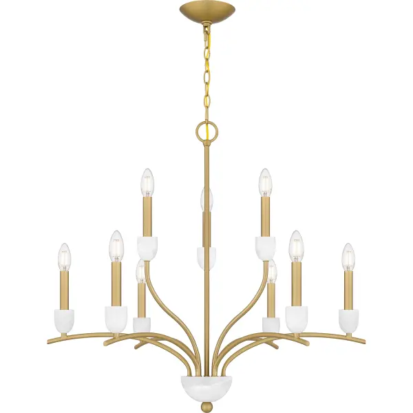 With a gleaming aged brass finish and white onyx accents, Frida adds a touch of luxury to any room. The white candle cups are made of onyx stone and feature a design reminiscent of marble, offering the perfect complement to the gold frame. Because of the natural stone material, the coloring and texture may vary slightly - making each piece unique. Hang this stunning chandelier over a dining room table, in a living room, or in a home office for elevated traditional style.