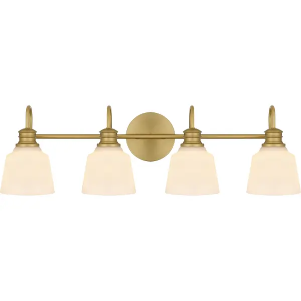 Upgrade any bathroom vanity with the Hinton bath light. Opal etched glass shades cast a soft and ambient glow, setting the mood for an intimate home spa experience. This versatile and traditional design is finished in aged brass for added shine. Configure Hinton with shades facing up or down depending on your lighting needs.