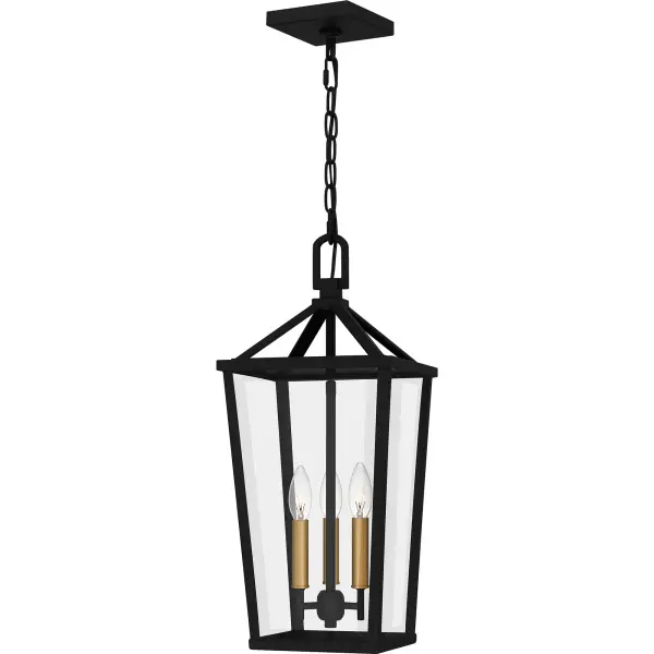 Hull is a traditional outdoor lantern collection designed for sleek exteriors. The tapered frame is finished in matte black and accented beautifully with gold candle sleeves for a hint of luster and industrial style. Clear beveled glass panels complete the look and showcase the natural beauty of the light. Hull is available as a complete collection - round out your home's exterior with a hanging lantern, wall lanterns, or a post lantern.