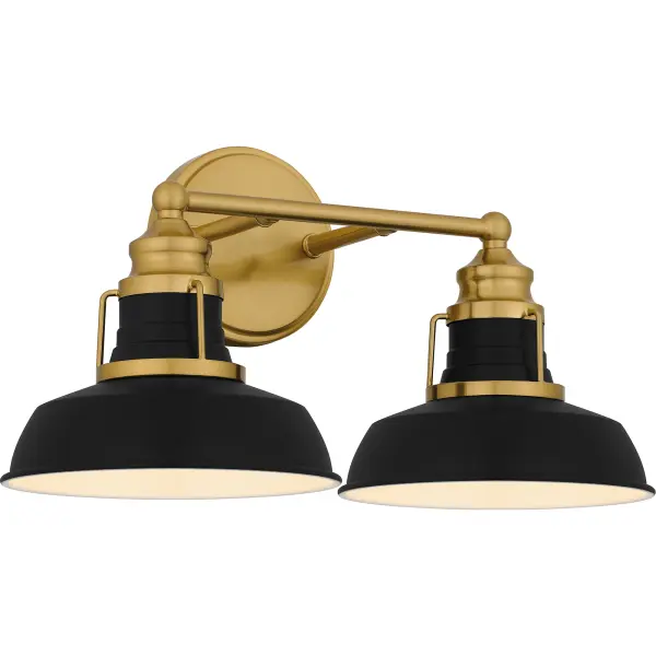 The traditional style of the Huxley bath light collection features elements of industrial design. Matte black metal shades are accentuated by an aged brass finish for a classic black and gold pairing. Choose from a variety of size options in this versatile collection to personalize your bathroom vanity lighting today.