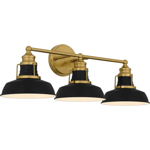 The traditional style of the Huxley bath light collection features elements of industrial design. Matte black metal shades are accentuated by an aged brass finish for a classic black and gold pairing. Choose from a variety of size options in this versatile collection to personalize your bathroom vanity lighting today.