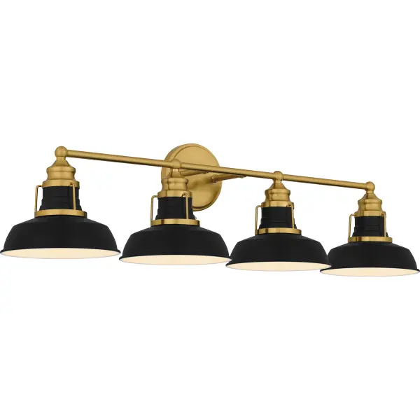 The traditional style of the Huxley bath light collection features elements of industrial design. Matte black metal shades are accentuated by an aged brass finish for a classic black and gold pairing. Choose from a variety of size options in this versatile collection to personalize your bathroom vanity lighting today.