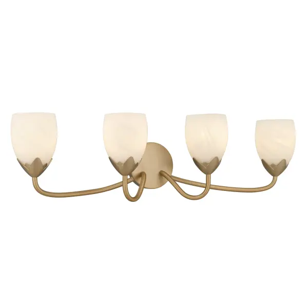 Elegant curves and soft, glowing beauty define the Jacobs Collection—a delicate balance of form and feeling. Finished in a warm bronze gold, its gracefully arched arms and petal-like cups cradle tulip-shaped etched alabaster glass shades, casting a light that feels tender and timeless. Available in multiple vanity sizes and as a single-light sconce, Jacobs is designed to bloom beautifully in any space—from cozy powder rooms to grand master baths. With every switch, it invites you into a moment of quiet luxury and refined romance.