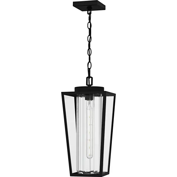 The Jett outdoor lantern collection incorporates transitional style with classic elements, making it a versatile choice for a variety of exteriors.  The stately silhouette features clean lines and a unique center glass column, all finished in a classic matte black.  Clear glass completes the look, offering a balance of visual intrigue and timeless style. Jett is available as a hanging lantern or in multiple sizes of wall light, perfect for flanking doorways, illuminating walkways, or accenting any outdoor space.