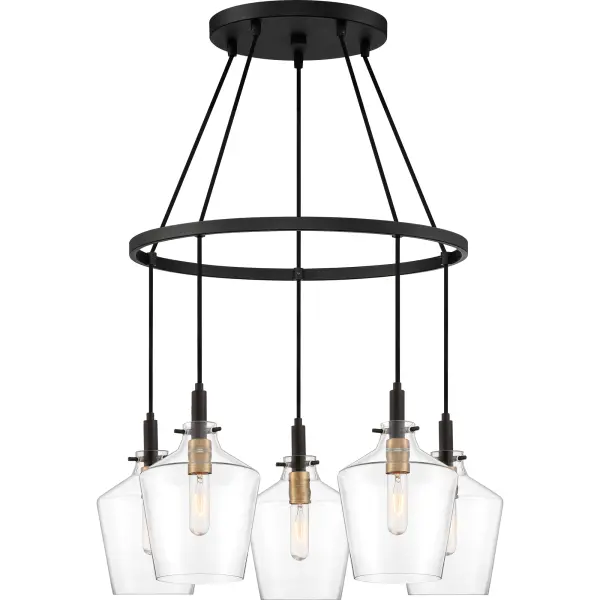 The June's minimalist charm is enhanced by simple industrial details. A subtly tapered clear glass shade beautifully showcases the painted brass sockets, which pop against the deep earth black finish. Choose from a variety of configurations and adjust the cable to your desired height.